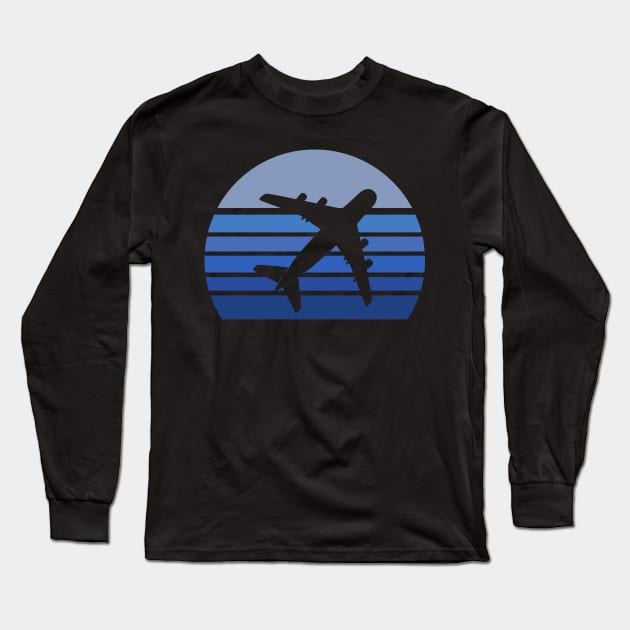 Retro Blue Airplane Silhouette Long Sleeve T-Shirt by LetsBeginDesigns